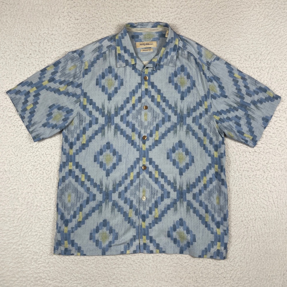 Tommy Bahama Button Up Shirt Mens Medium Blue Silk Geometric Ikat Vacation Beach